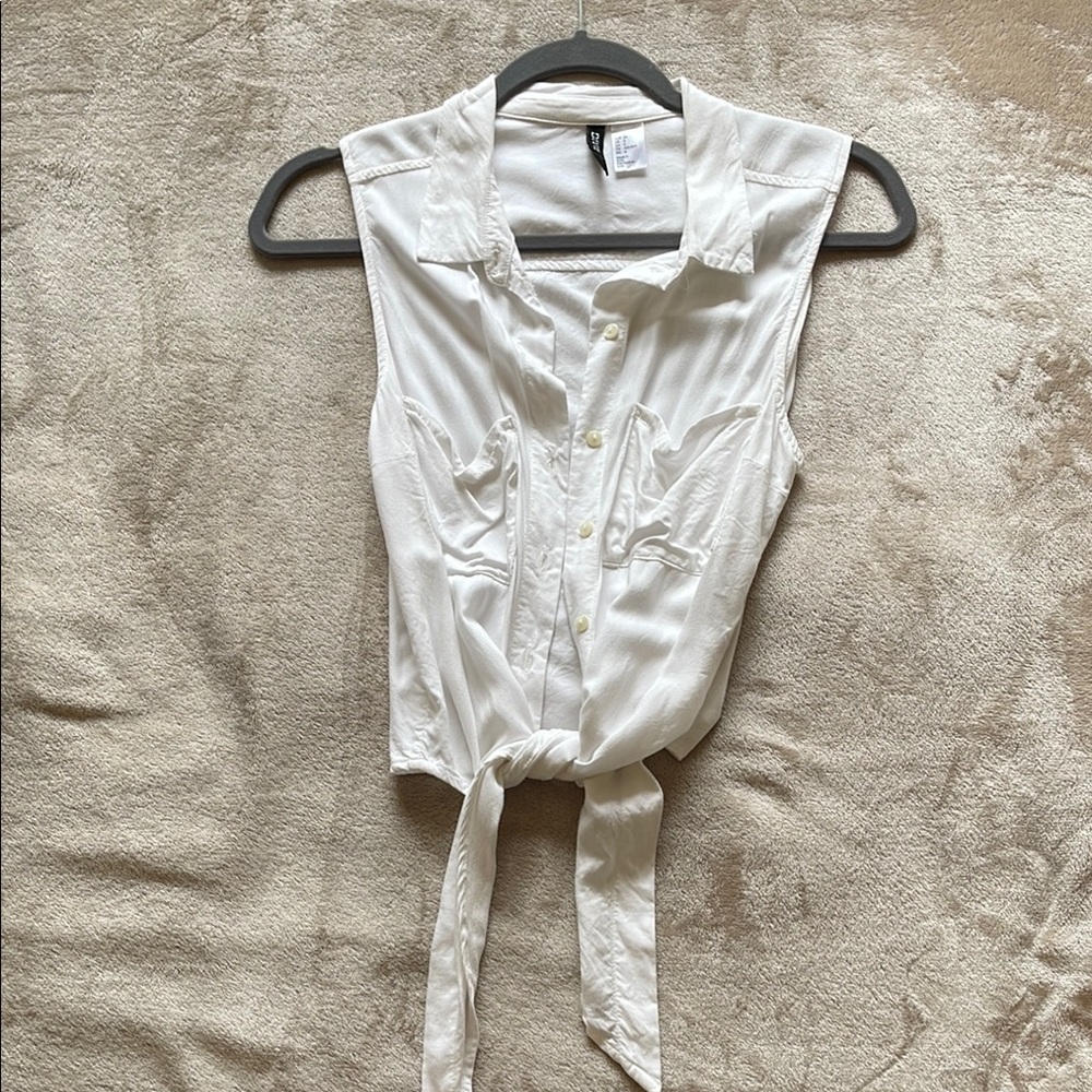 White Sleeveless Button-Up Tie-Front Top